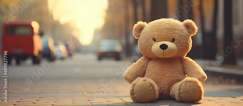 A large figure of a soft toy bear on the street in the park. Copyspace image. Square banner. Header for website template