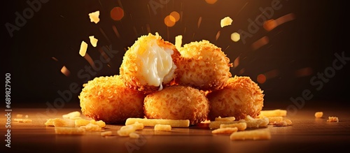 Delicious Bitterballen typical Dutch snacks made from flour cheese milk coated with bread crumb filled with mozzarella. Copyspace image. Square banner. Header for website template
