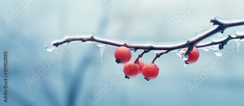Close up of frozen branch with bud covered with ice Bad weather condition in spring for fruit production. Copyspace image. Square banner. Header for website template
