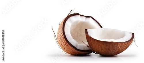 Coconut with half and leaves on white background. Copyspace image. Square banner. Header for website template