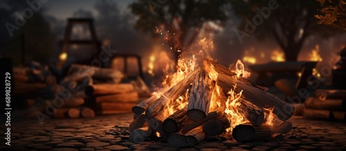 A portable fireplace with bright burning firewood making sparks and smoke at the backyard or garden near house A place for evening meeting and stories. Copyspace image. Square banner photo