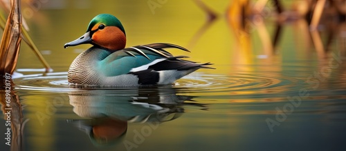 Amazonetta brasiliensis Brazilian Teal Male in the morning in a lake with calm waters relaxing and stretching its beautiful colors. Copyspace image. Square banner. Header for website template photo