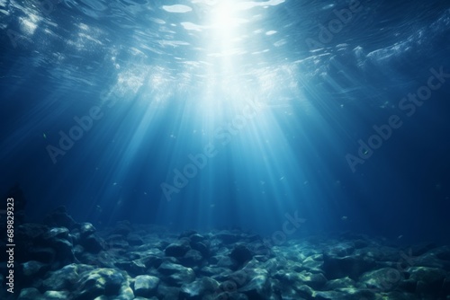 Blue underwater world, very blonde color, lots of sand, bright light at the bottom with sand