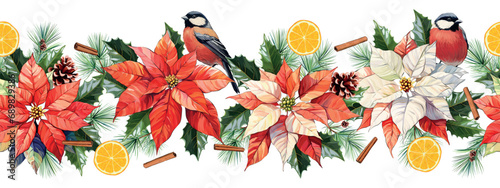 Christmas Poinsettia vector garland border, bullfinches birds, winter season floral frame, holiday seamless background, with New Year tree, orange, vanilla, star flowers, Christmas decorative banner