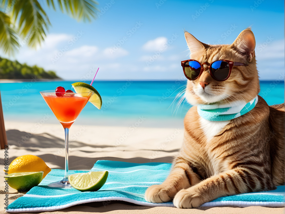 cat on the beach with glasses