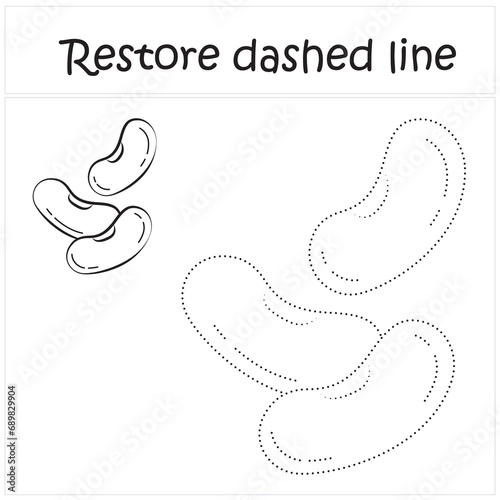 kidney beans. Repair the dotted line. Handwriting practice. Educational game for toddlers and preschoolers. Cartoon style. Isolated vector illustration, eps