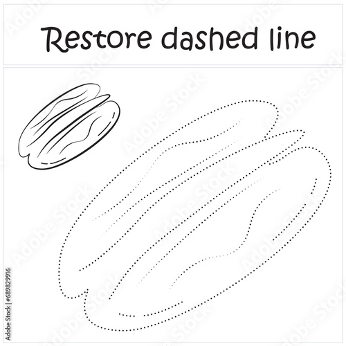pecan. Repair the dotted line. Handwriting practice. Educational game for toddlers and preschoolers. Cartoon style. Isolated vector illustration, eps