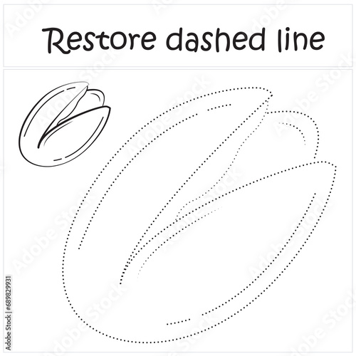 pistachio. Repair the dotted line. Handwriting practice. Educational game for toddlers and preschoolers. Cartoon style. Isolated vector illustration, eps
