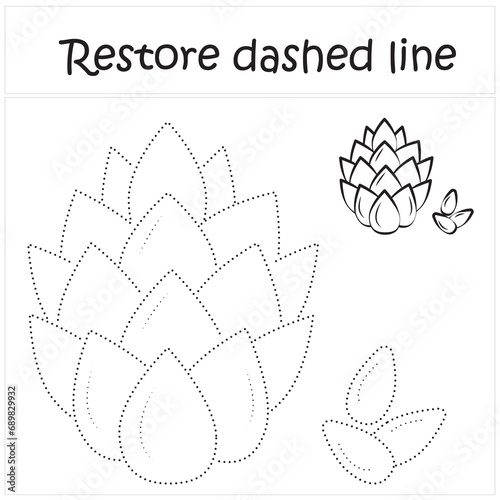 pine nuts. Repair the dotted line. Handwriting practice. Educational game for toddlers and preschoolers. Cartoon style. Isolated vector illustration, eps