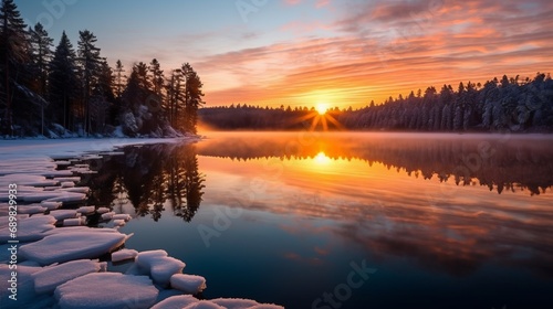 Enchanting Winter Landscape. Snowfall in the Forest  Serene Frozen Lake  and Glowing Sunlit Ice