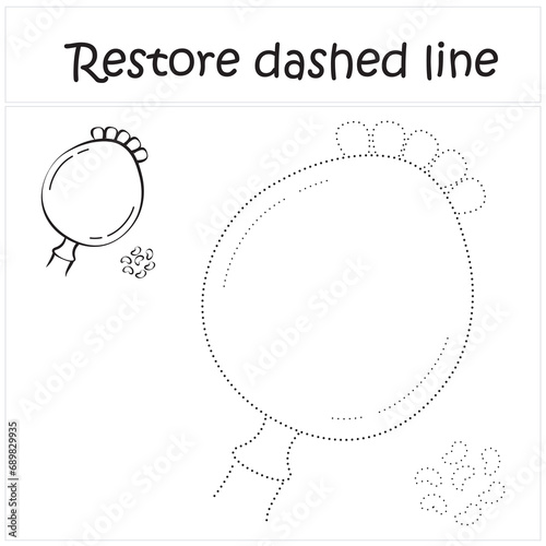 poppy seeds. Repair the dotted line. Handwriting practice. Educational game for toddlers and preschoolers. Cartoon style. Isolated vector illustration, eps