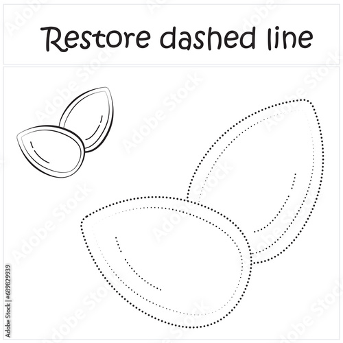 pumpkinseeds. Repair the dotted line. Handwriting practice. Educational game for toddlers and preschoolers. Cartoon style. Isolated vector illustration, eps