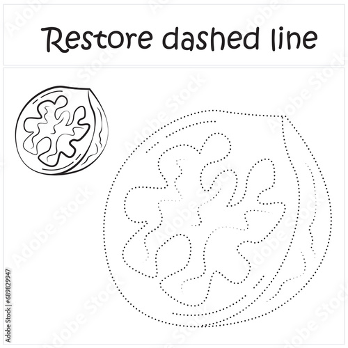 walnut. Repair the dotted line. Handwriting practice. Educational game for toddlers and preschoolers. Cartoon style. Isolated vector illustration, eps