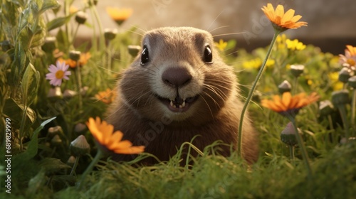 Adorable Smiling Groundhog Cutely Emerges from Burrow Surrounded by Spring Flowers and Lush Grass on Groundhog Day © Elvin