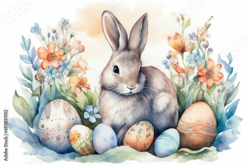 Happy Easter greeting card. Cute bunny with colored eggs in floral field. Generate ai © nsit0108