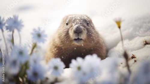 Groundhog Day, a groundhog crawled out from under the snow in sunny weather.