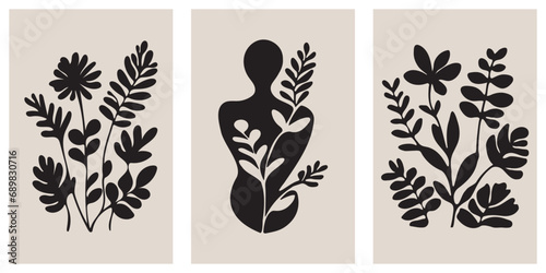 Abstract black plant and woman silhouette wall art matisse style. Vector illustration.
