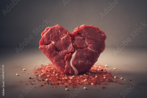 Heart shaped red raw beef with salt and pepper. Fresh crude cow meat steak with cooking herbs. Generate ai photo
