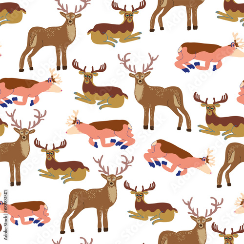 seamless pattern with deer in vector. artiodactyl mammal.For background, wallpaper, textile, print, wrapping. A series of animal images in flat style © Anna