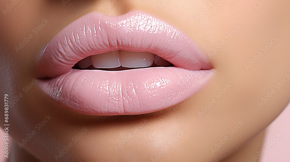 Girl pink lips close-up, delicate makeup. Smile of a woman with white teeth. Girl pink lips close-up, delicate makeup. Smile of a woman with white teeth.