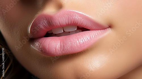 Girl pink lips close-up, delicate makeup. Smile of a woman with white teeth.