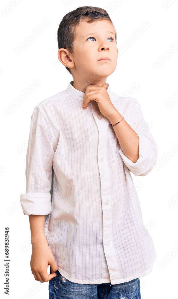 Cute blond kid wearing elegant shirt touching painful neck, sore throat for flu, clod and infection