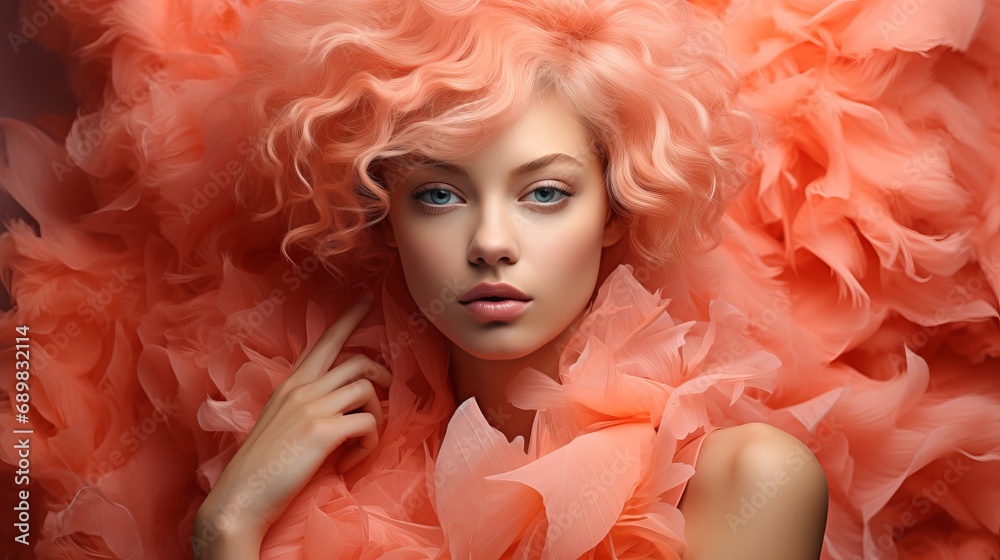 A model girl with peach-colored hair is wrapped in a bright boa made of feathers and fur. Beautiful woman in an extravagant cape. Concept: fashion and style A model girl with peach-colored hair is wrapped in a bright boa made of feathers and fur. Beautiful woman in an extravagant cape. Concept: fashion and style