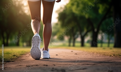 Morning Park: Close-Up of Female Athlete's Legs in White Sneakers photo