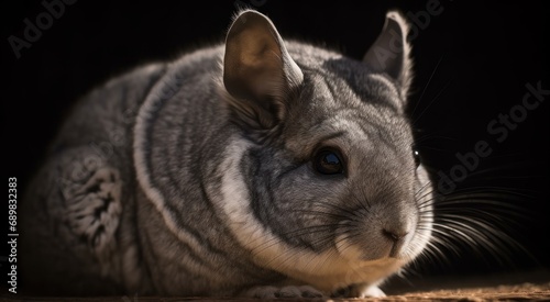 Gray chinchilla on a dark background. Close-up. Pet Concept.