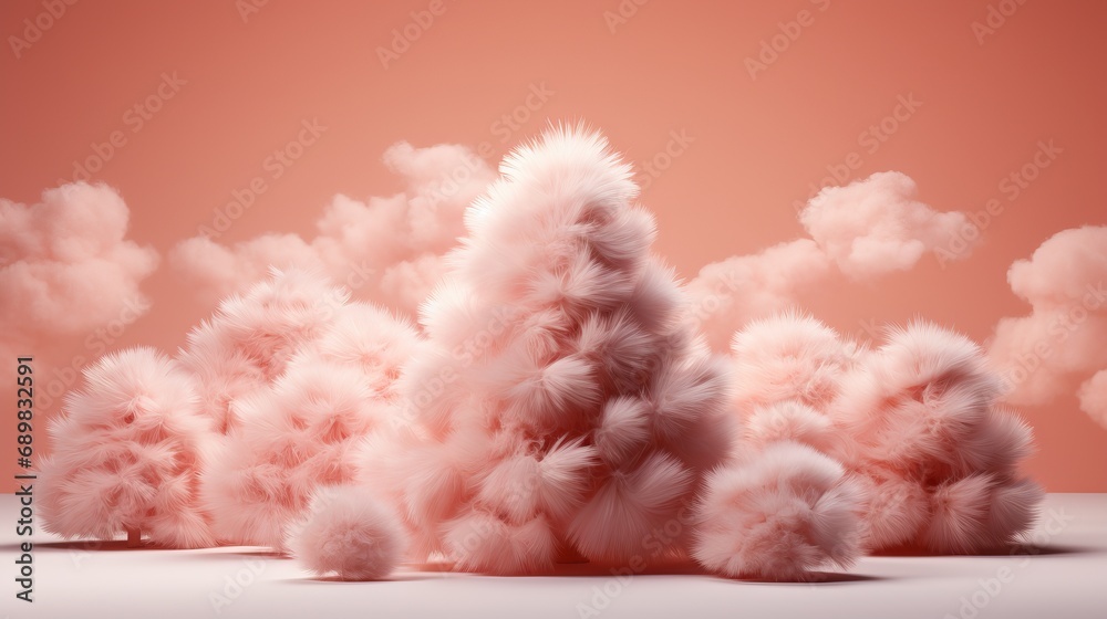 A lonely pink tree with lush foliage against a background of a flat surface and pink clouds, creating a surreal landscape in a peach fuzz shade, Minimalist landscape banner with copy space. A lonely pink tree with lush foliage against a background of a flat surface and pink clouds, creating a surreal landscape in a peach fuzz shade, Minimalist landscape banner with copy space.
