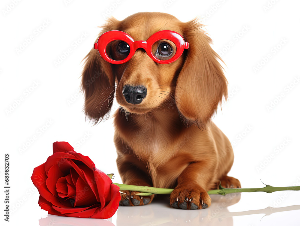 cute dog with a red rose on white background