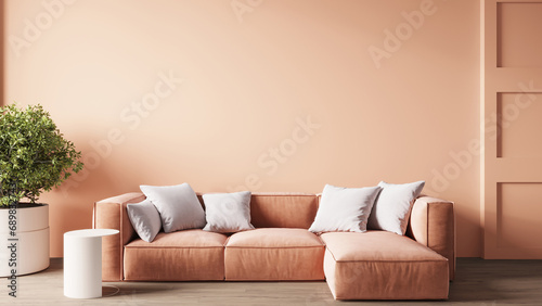 Livingroom in trend Peach fuzz color 2024 year. A pastel wall accent paint background. peach beige ivory shades of room interior design. White creamy luxury furniture and pillows. 3d render  photo