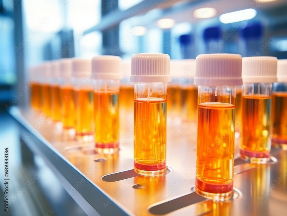Rows of vials with amber liquid, capped in white, set in a lab rack with a blurred scientific background.