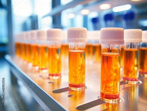 Rows of vials with amber liquid, capped in white, set in a lab rack with a blurred scientific background.