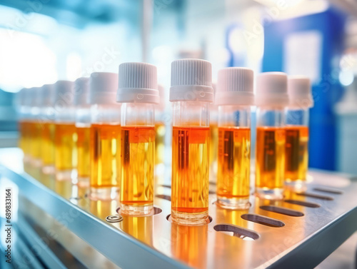 Rows of vials with amber liquid, capped in white, set in a lab rack with a blurred scientific background.