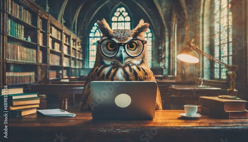 A funny and smart owl with glasses using a laptop in a cozy library