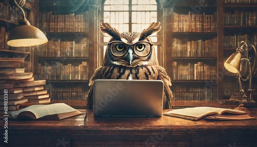 A funny and smart owl with glasses using a laptop in a cozy library photo