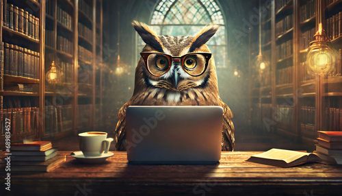 A funny and smart owl with glasses using a laptop in a cozy library