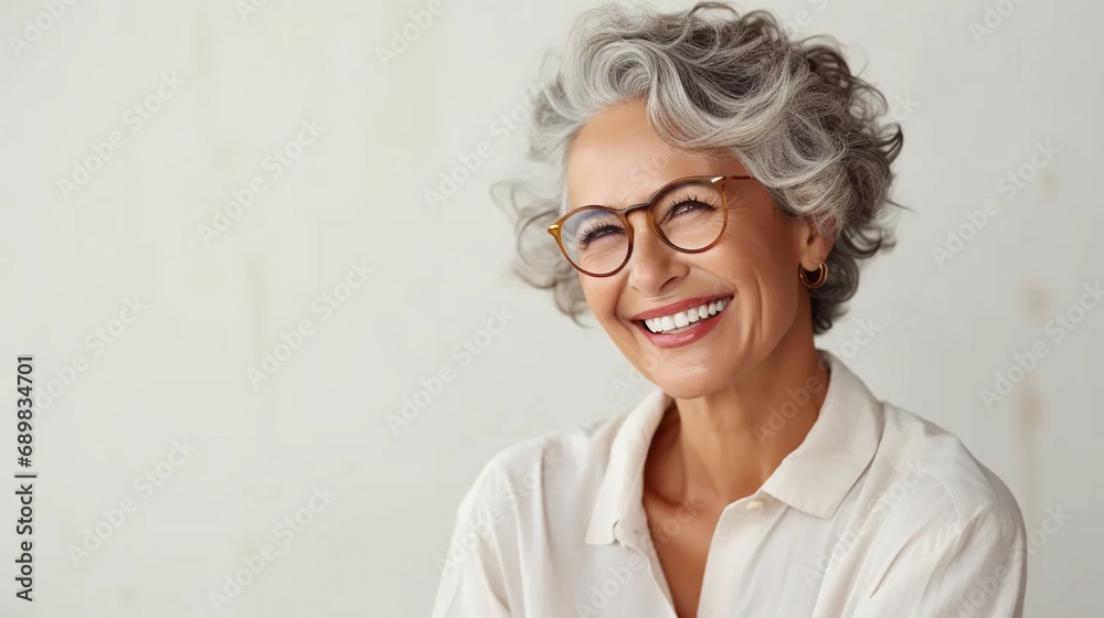 Confident senior woman with glasses on gray background, mature woman with smile and beautiful complexion, cosmetics for facial skin Confident senior woman with glasses on gray background, mature woman with smile and beautiful complexion, cosmetics for facial skin