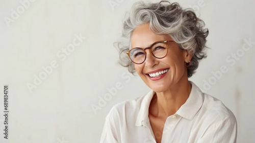 Confident senior woman with glasses on gray background, mature woman with smile and beautiful complexion, cosmetics for facial skin