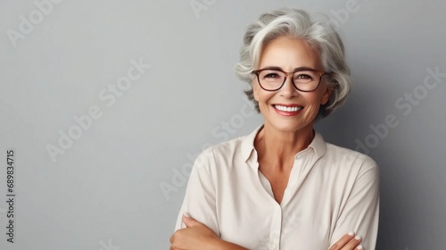 Confident senior woman with glasses on gray background, mature woman with smile and beautiful complexion, cosmetics for facial skin photo