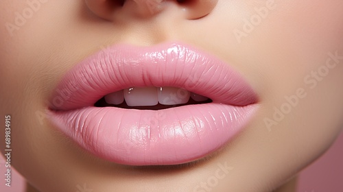 Girl's pink lips close-up, delicate makeup. Smile of a woman with white teeth.