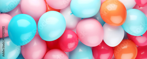 Group of many colourful balloons decorated surface as background in banner size