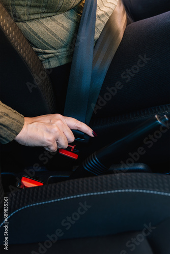 Close-up of female driver's hand adjusting seat belt inside her car. Road safety concept