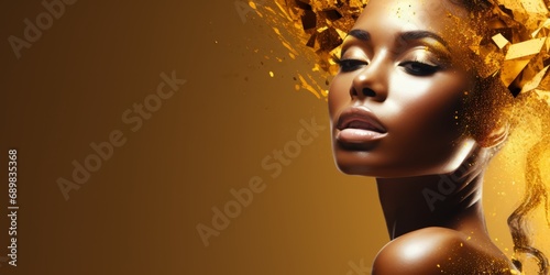 art fantasy portrait african american woman goddess.golden liquid drops on beautiful model,gold metallic skin make-up. Beauty woman makeup close up.