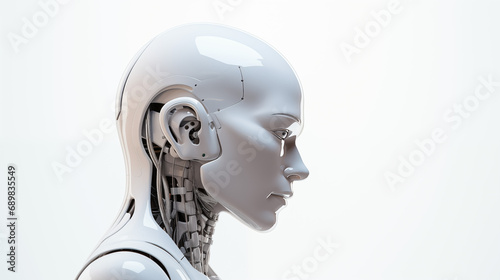 white android head profile on a white background symbolizing artificial intelligence and the progress of technology