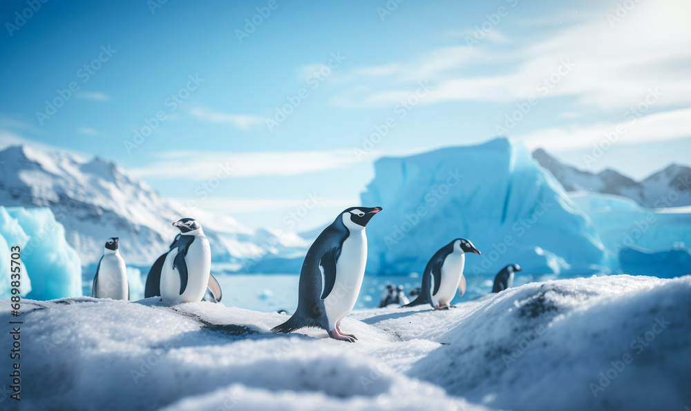 Penguins on ice Antarctica, landscape of snow