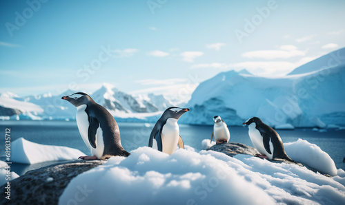 Penguins on ice Antarctica, landscape of snow photo