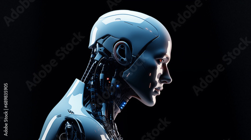 white android head profile on a dark background symbolizing artificial intelligence and the progress of technology