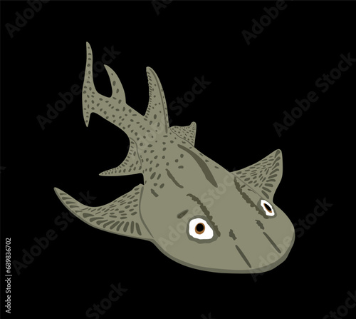 Angel shark vector illustration isolated on black. Dangers of shark on the beach. The biggest fear for divers and swimmers. Under water alert for diving and swimming. Squatina squatina.